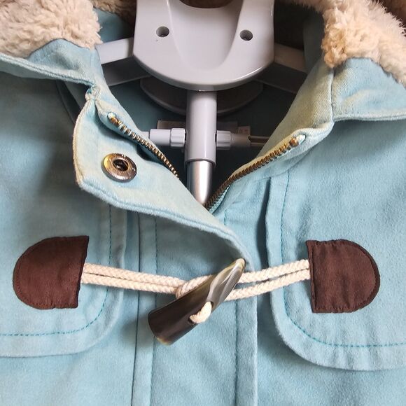 Boden Duffle Toggle Coat Womens US 8 UK 12 Aqua Blue Sherpa Lined Hooded Jacket - Picture 2 of 7